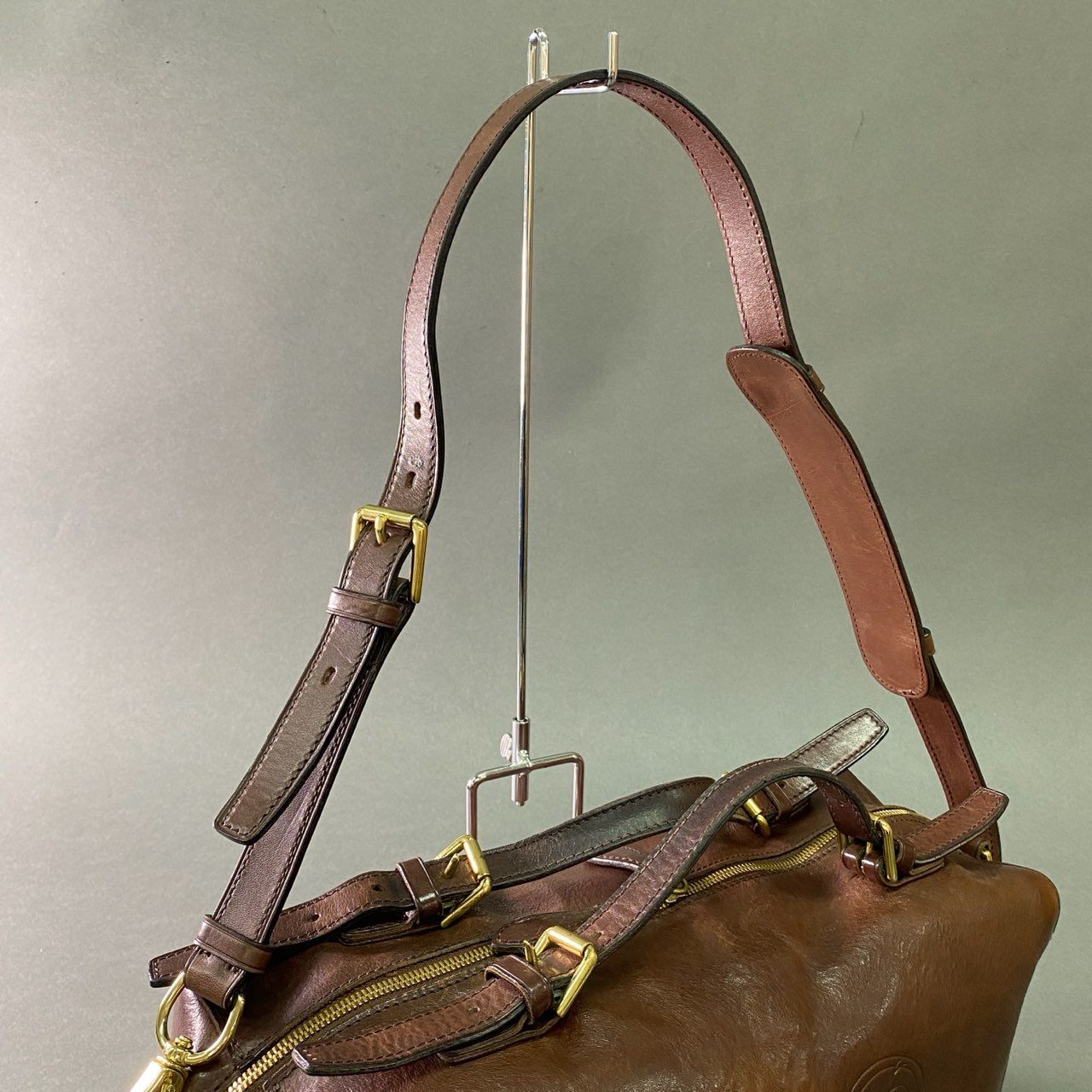Db28 RALPH LAUREN ラルフローレン ミニボストンバッグ レザーバッグ ショルダーバッグ 2way 裏地チェック柄 ブラウン 本革