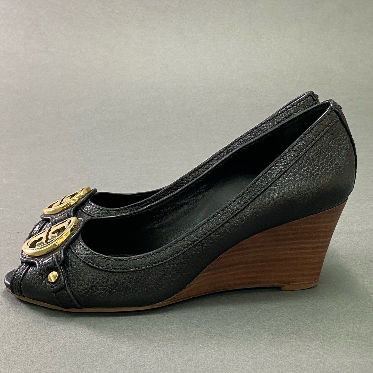 5c18 TORY BURCH トリーバーチ オープントゥ ウェッジソール パンプス ヒール シューズ サンダル 6.5M ブラック レザー