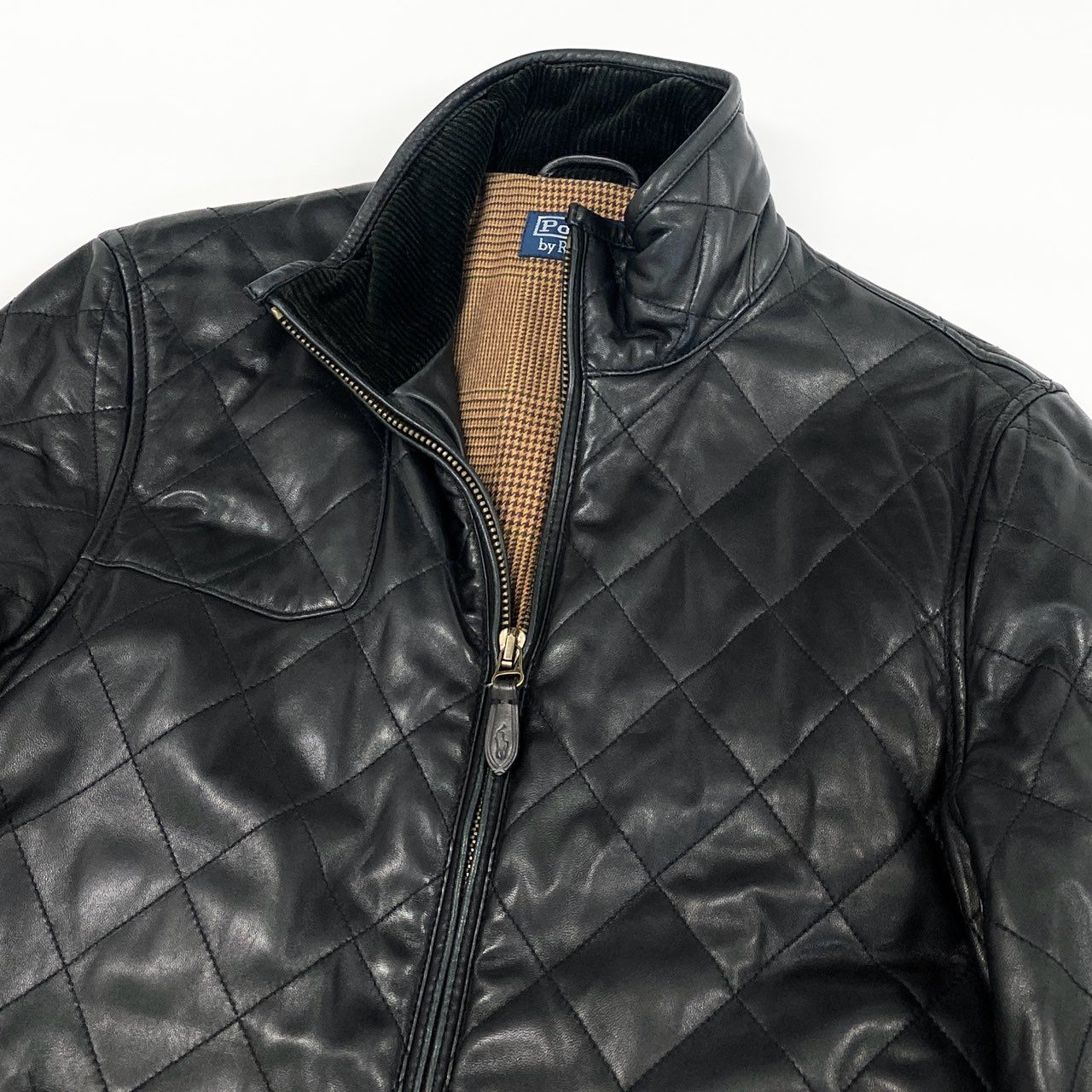 78i10 Polo by Ralph Lauren ポロ ラルフローレン シングルライダース レザージャケット 中綿キルティング ポニー刺繍ジップ M ブラック 羊革 メンズ 男性用k02i