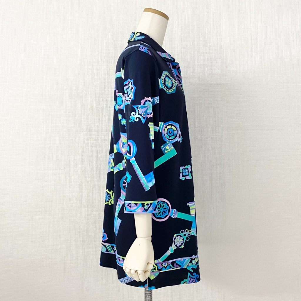 5f20-2 大きいサイズ LEONARD SPORT レオナール チュニックワンピース 襟付きワンピース 伸縮素材 手洗い◎ 0568645 サイズ42 ネイビー マルチカラー ポリエステル100% レディース 日本製