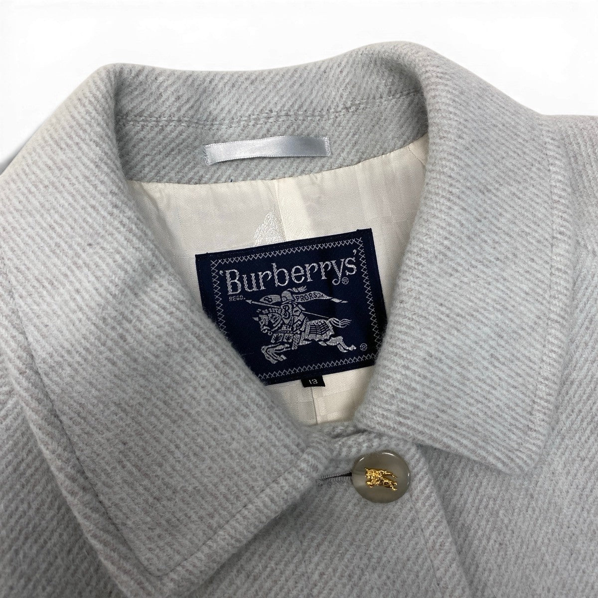 90g24 Burberrys' バーバリー ステンカラー ロングコート 比翼ボタン カシミヤアンゴラ混 カシゴラ サイズ13 ライトブルー ライトグレー レディースo07t