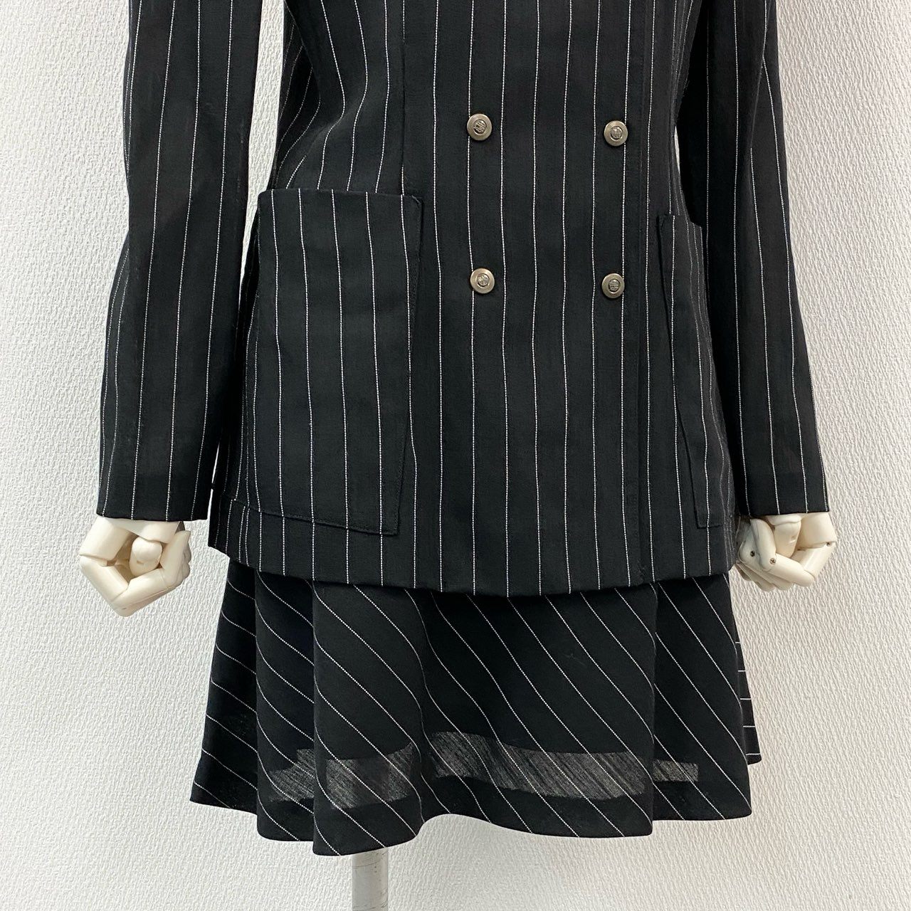 1g2 Jean Paul Gaultier ジャンポールゴルチエ デザインセットアップ スカートスーツ ダブルジャケット フレアスカート ロゴ刻印ボタン サイズ40 ブラック ピンストライプ ウール レディース 女性用