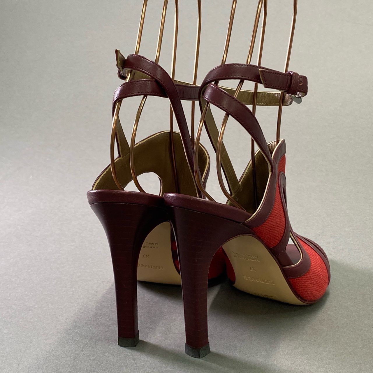 3d14 《美品》 HERMES エルメス アンクルストラップ レザーキャンバス サンダル 37 レッド ボルドー パンプス シューズ イタリア製 夏