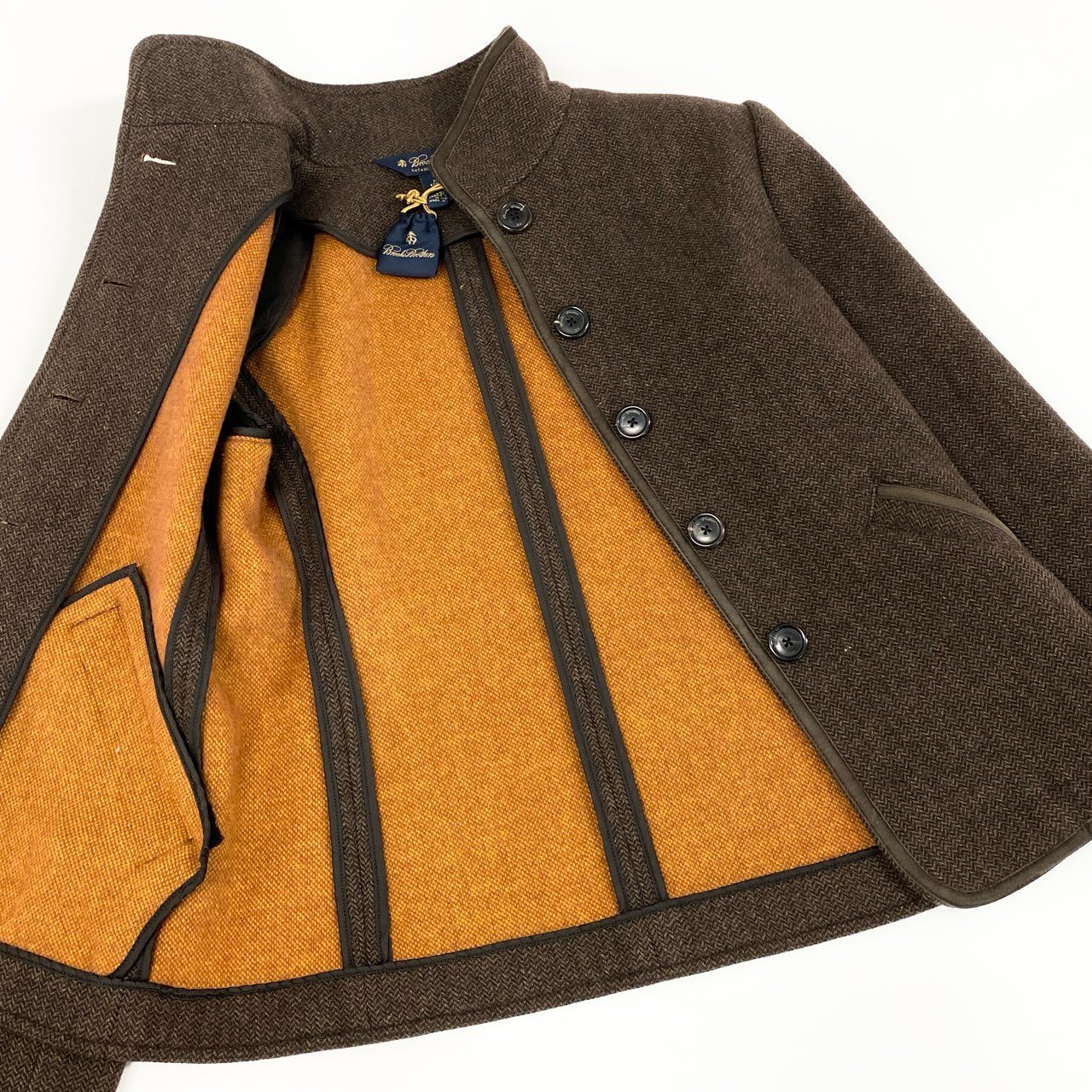 53e7 Brooks Brothers ブルックスブラザーズ レザーパイピング スタンドカラー ソフトツイードジャケット サイズ0 ブラウン 画像参照