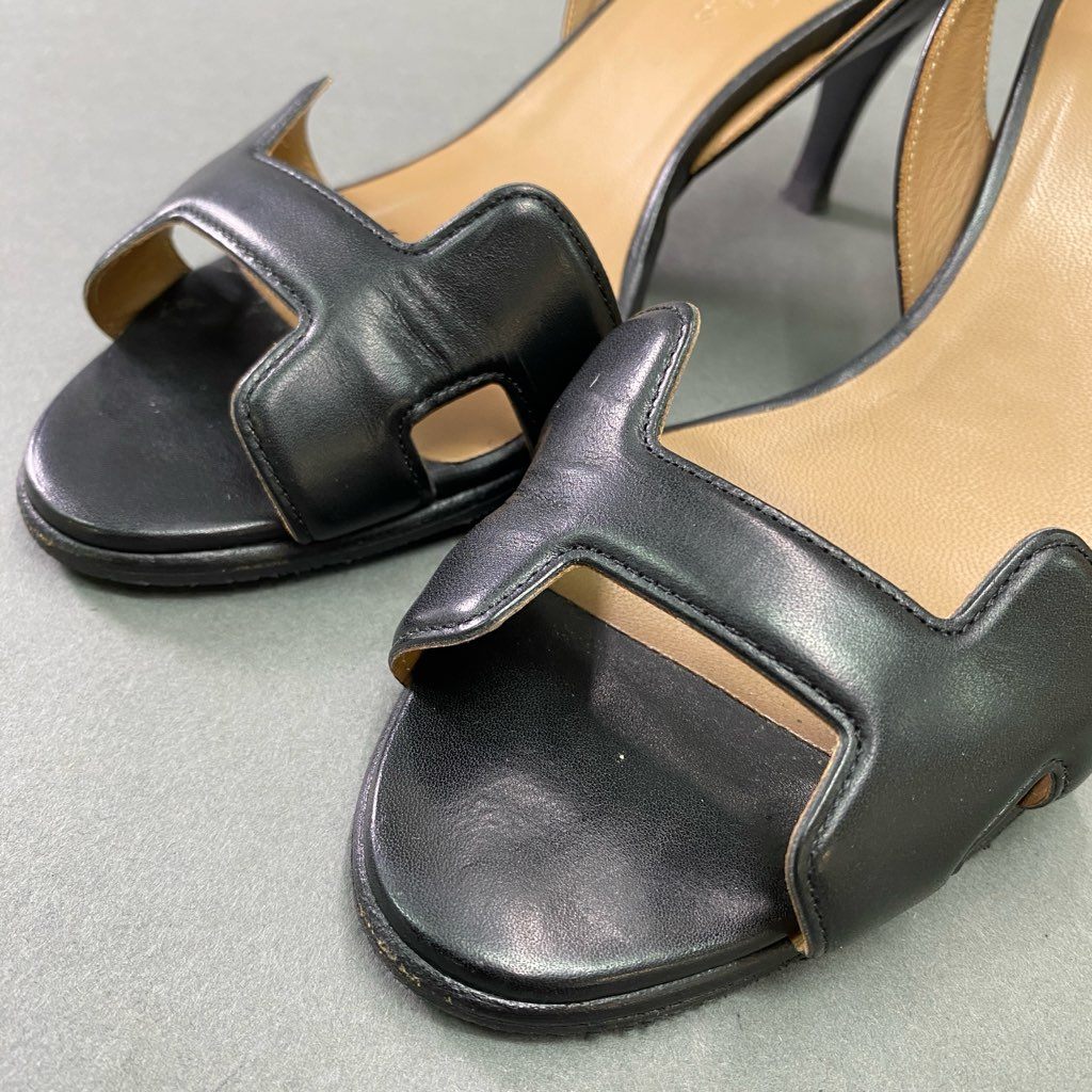 6d6 《美品》 HERMES エルメス Hロゴ ナイト サンダル 35 1/2 ブラック レザー オアジス オランH シューズ イタリア製 夏