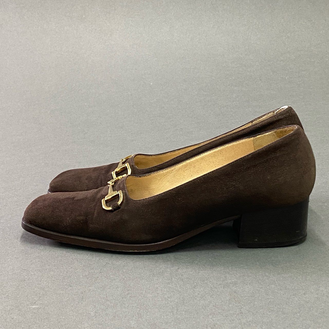 8c25 GUCCI グッチ ホースビット パンプス チャンキーヒール スクエアトゥ イタリア製 36 ブラウン スエード