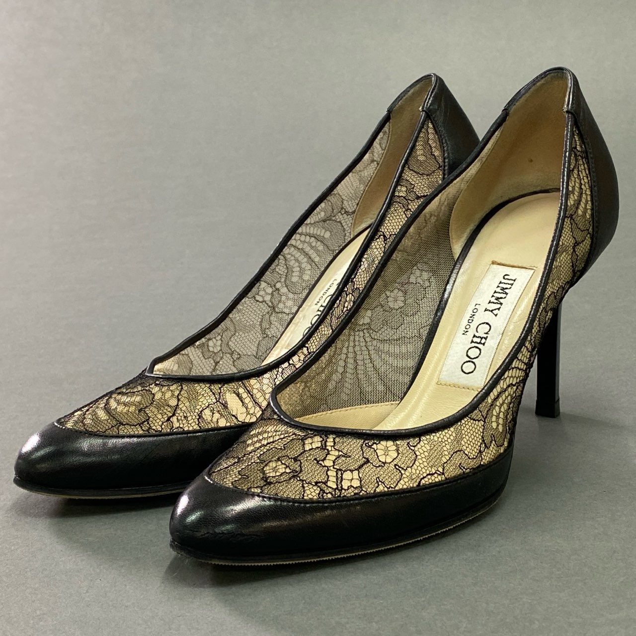 5c21 JIMMY CHOO ジミーチュウ フラワーレースパンプス 36 ブラック レザー イタリア製 シューズ