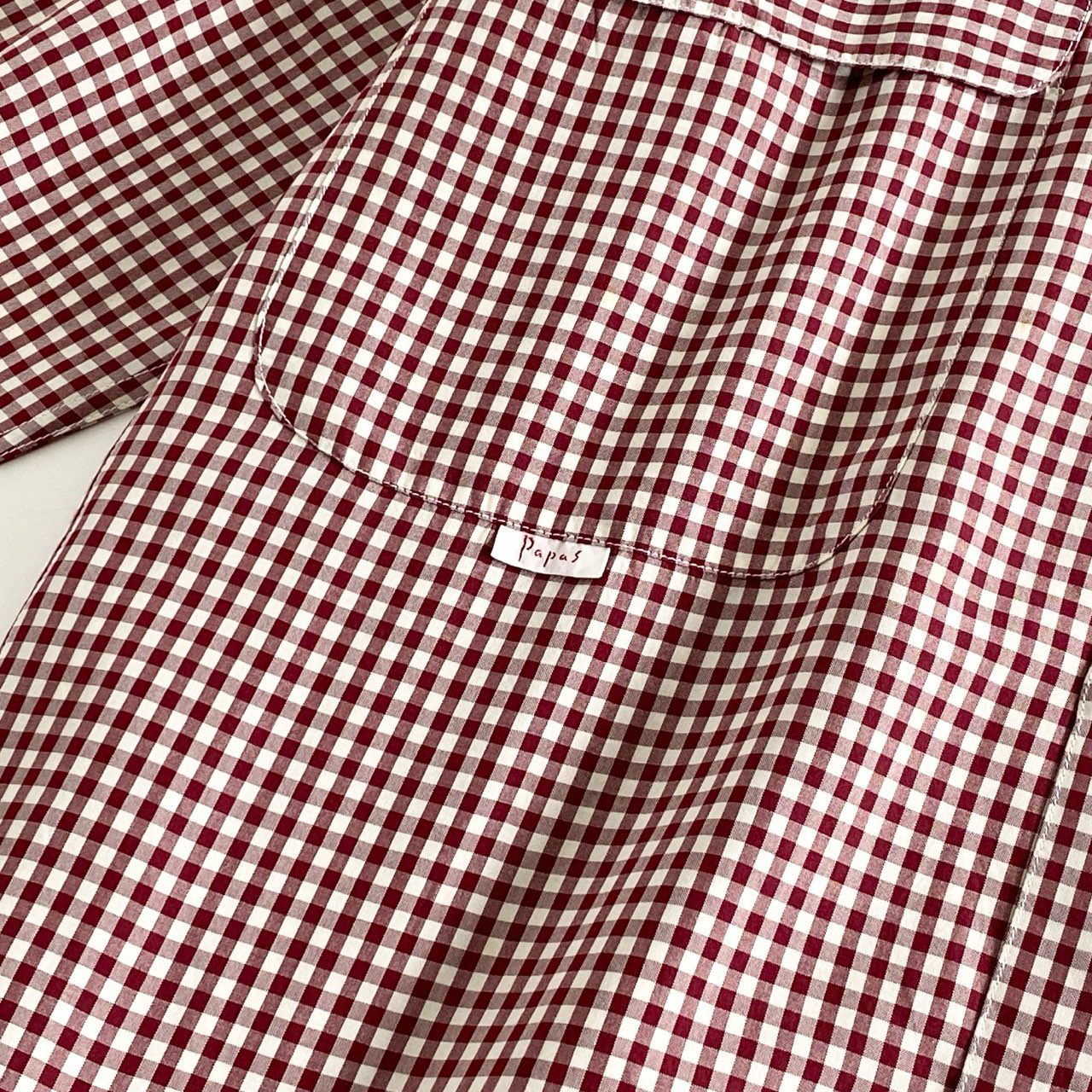 77d12 日本製 Papas パパス 長袖シャツ ボタンダウンシャツ チェックシャツ M レッド×ホワイト 絹 シルク100% メンズ 紳士服