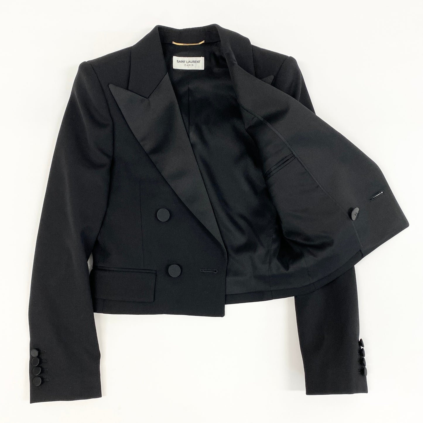 17h20《美品》 SAINT LAURENT PARIS サンローラン パリ テーラードジャケット クロップド ダブル サテンラペル 2023年 759697 サイズ36 ブラック レディースk02i