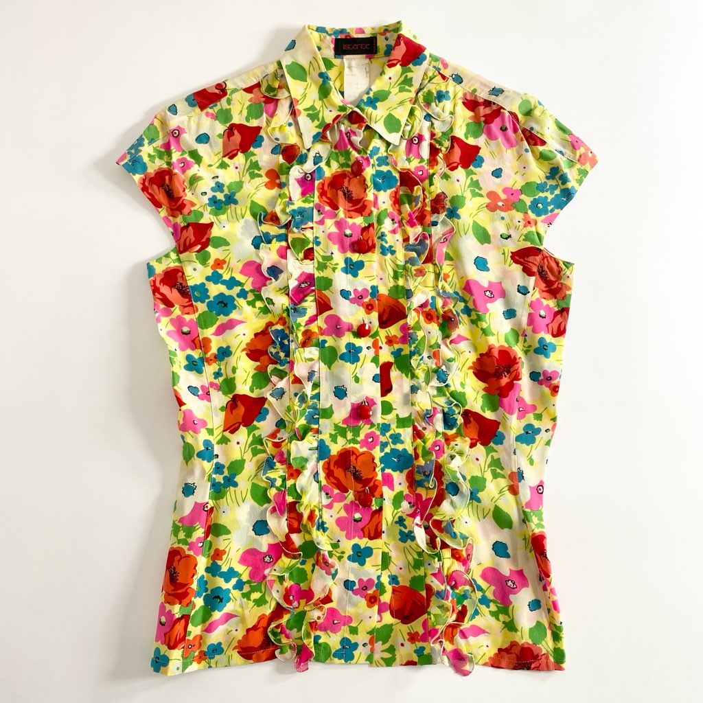 32d5 istante イスタンテ VERSACE ヴェルサーチ フラワープリント シルクフリルシャツ イエロー SILK100% イタリア製 ノースリーブ レトロ ビンテージ