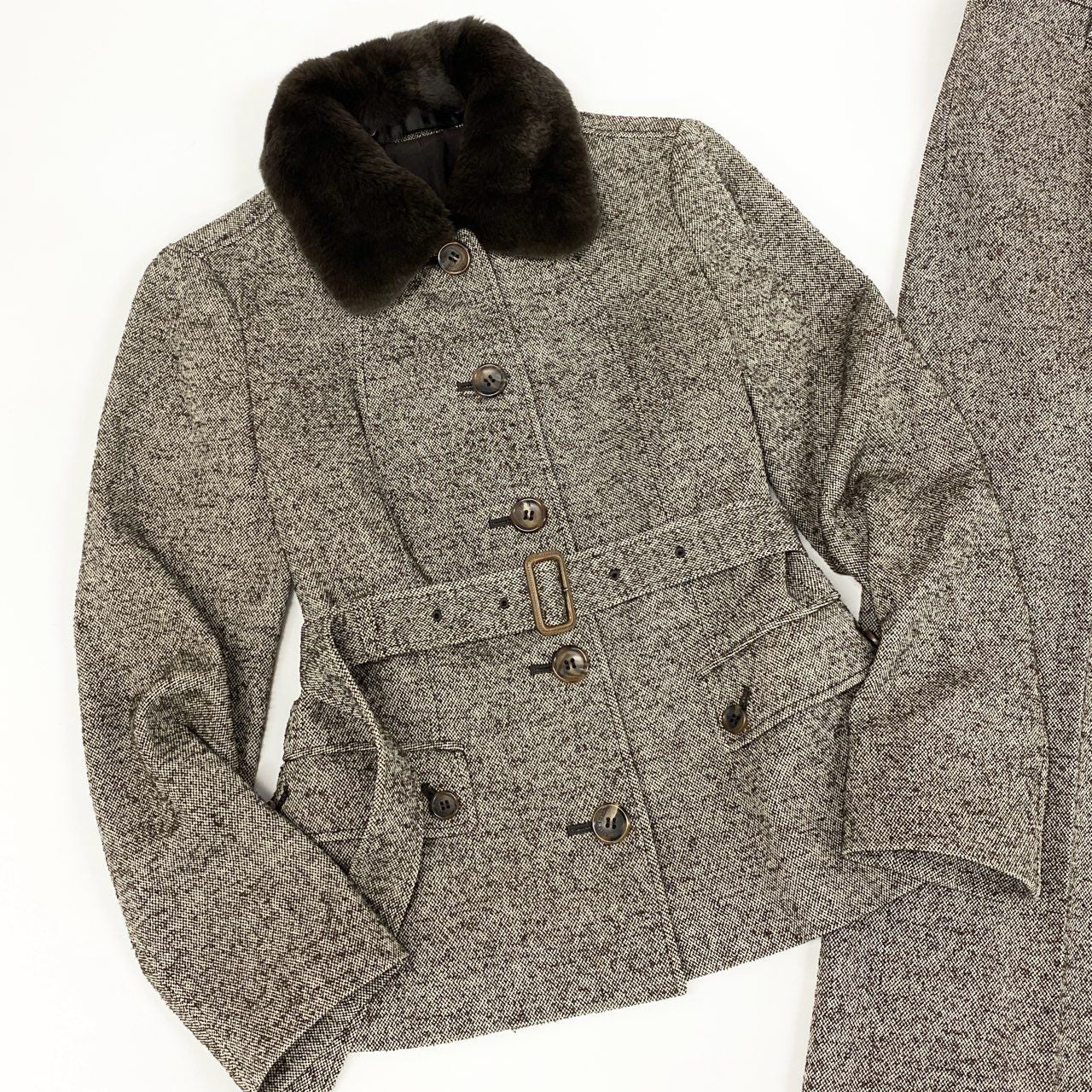 17e7 BURBERRY LONDON バーバリーロンドン ネップツイード リアルファー襟 ジャケット パンツ セットアップ サイズ38/パンツ36 ブラウン レディース 女性用