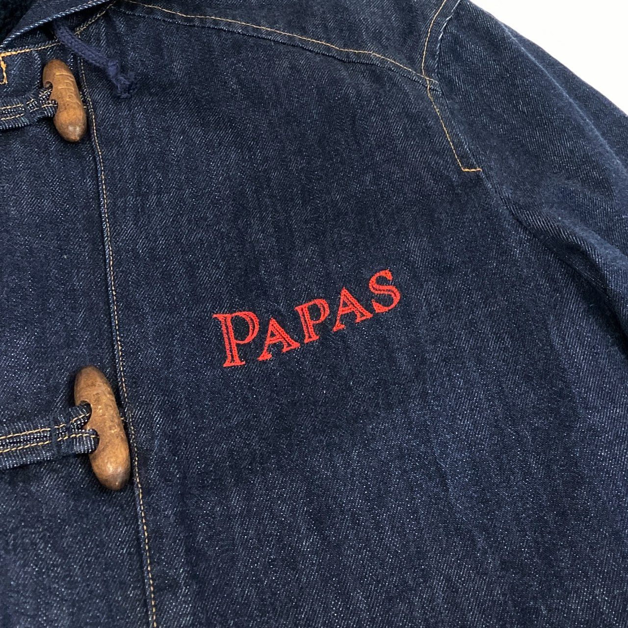 17e7 Papas パパス デニム ダッフルコート ロゴ刺繍 トグルボタン アウター フーディ カバーオール 50 Lサイズ インディゴ コットン