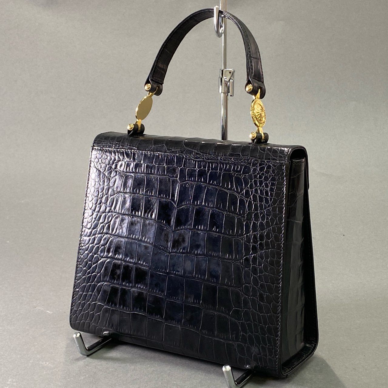 Af4 GIANNI VERSACE ジャンニ ヴェルサーチ クロコ型押し ハンドバッグ ブラック レザー カバン 鞄 ビンテージ Vintage レトロ