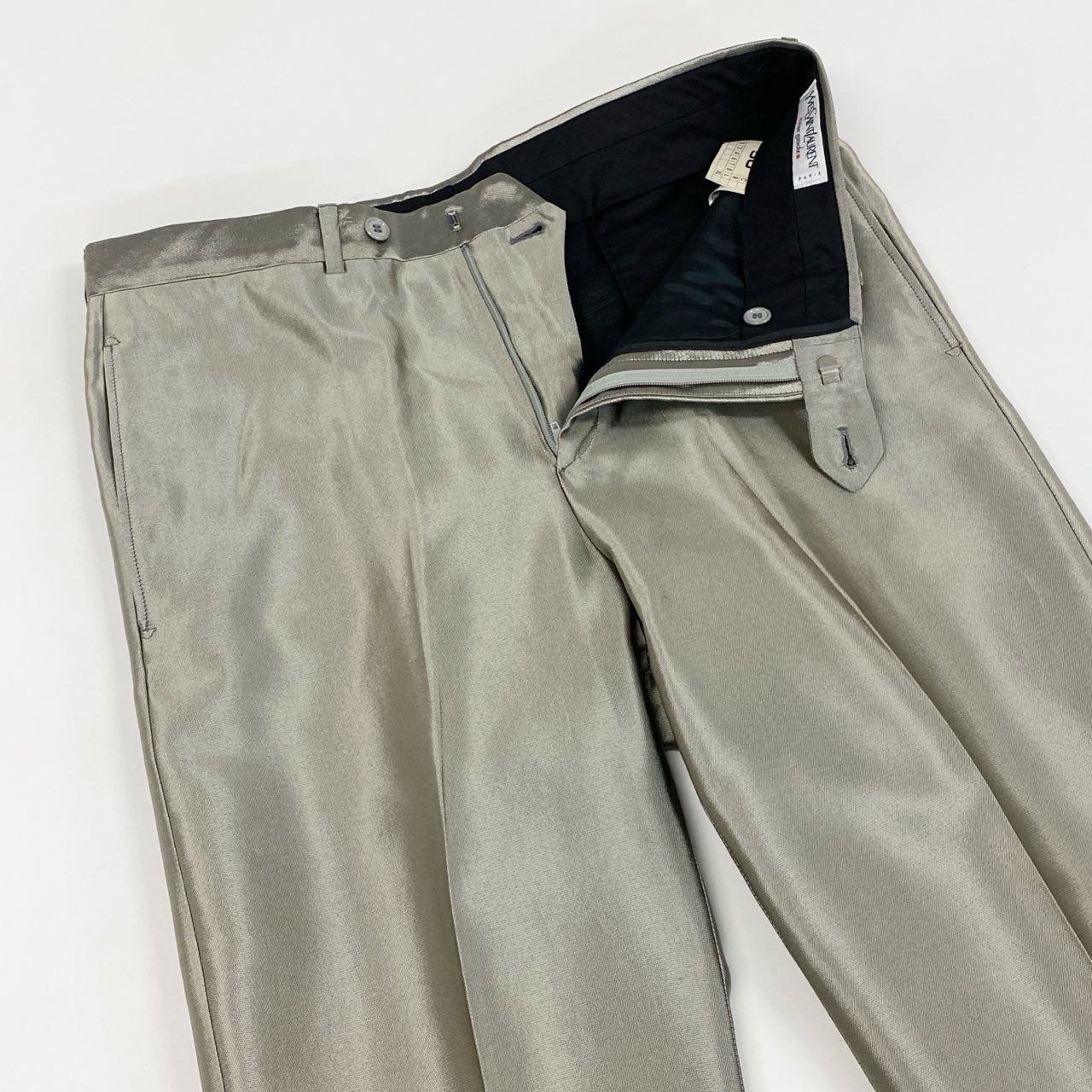 36d8 フランス製 YVES SAINT LAURENT rive gauche イヴサンローラン リブゴーシュ スラックスパンツ テーパードパンツ ドレスパンツ サイズ42 メタリック ベージュ ゴールド系 メンズ バスストップ