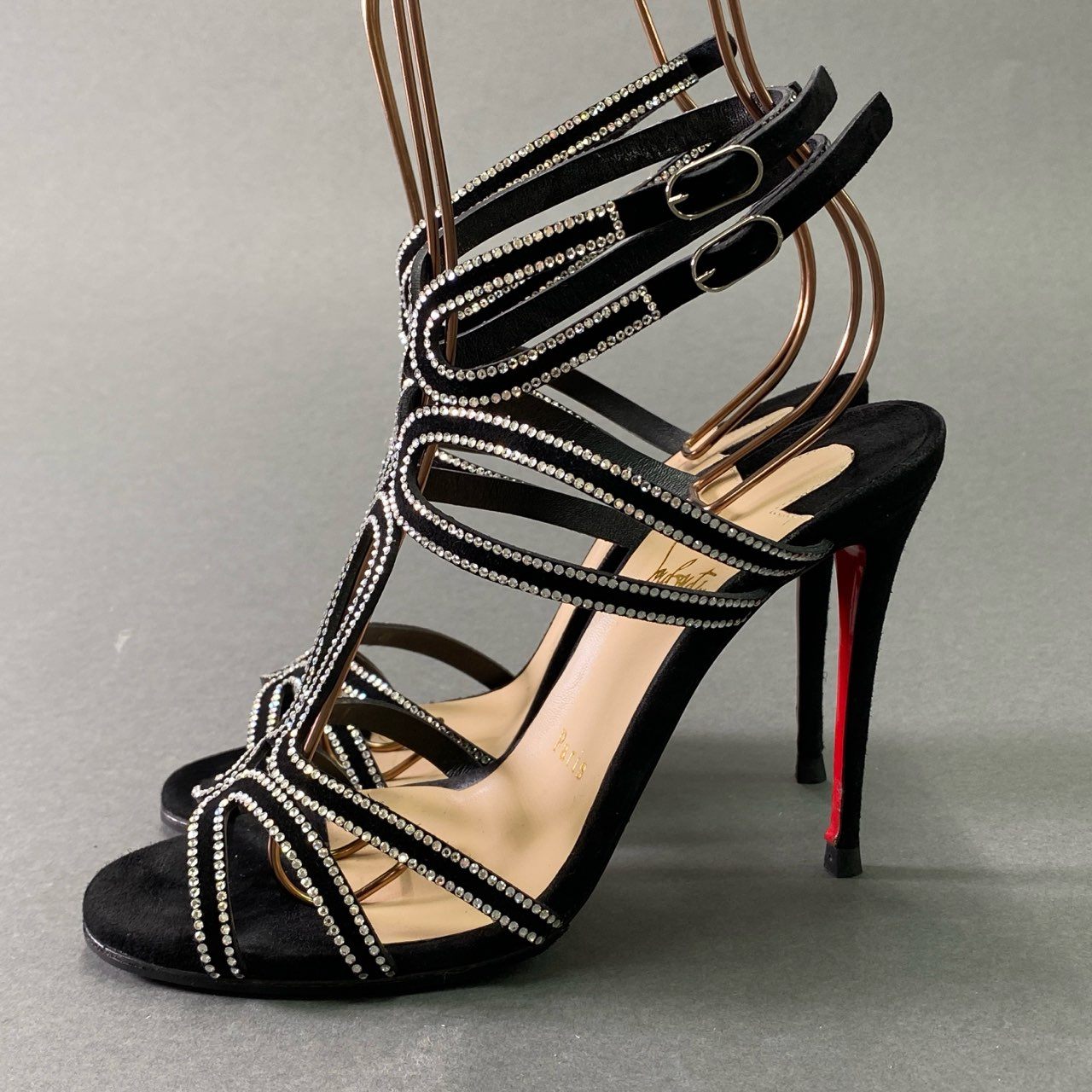 5e30 《極美品》 Christian Louboutin クリスチャンルブタン RENEE STRASS 100 ラインストーン クリスタルヒールサンダル 36 ブラック スエードレザー パンプス 箱付き
