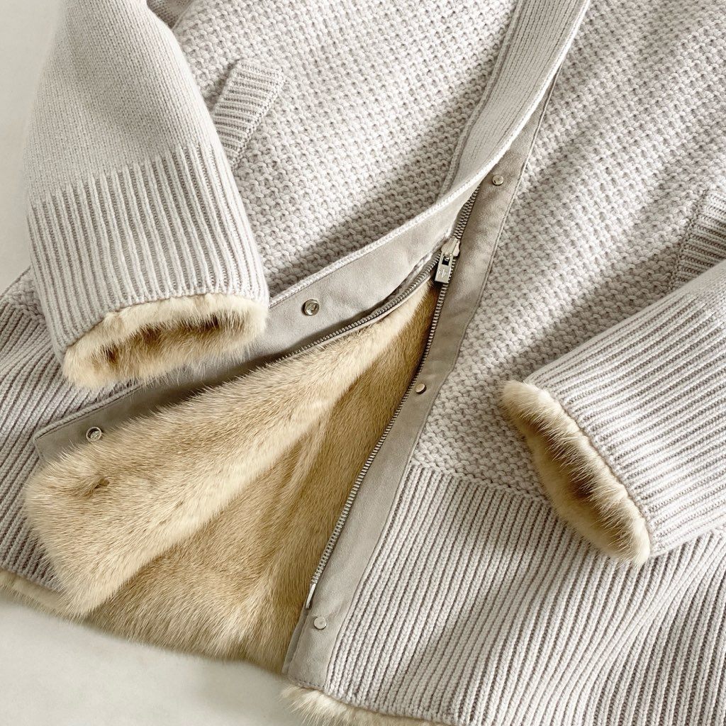 81i11 【美品】Loro Piana ロロピアーナ ベビーカシミヤ100% リバーシブル ローゲージニットブルゾン ミンクファー 毛皮コート FAI6284 サイズM レディース 女性用 アウター