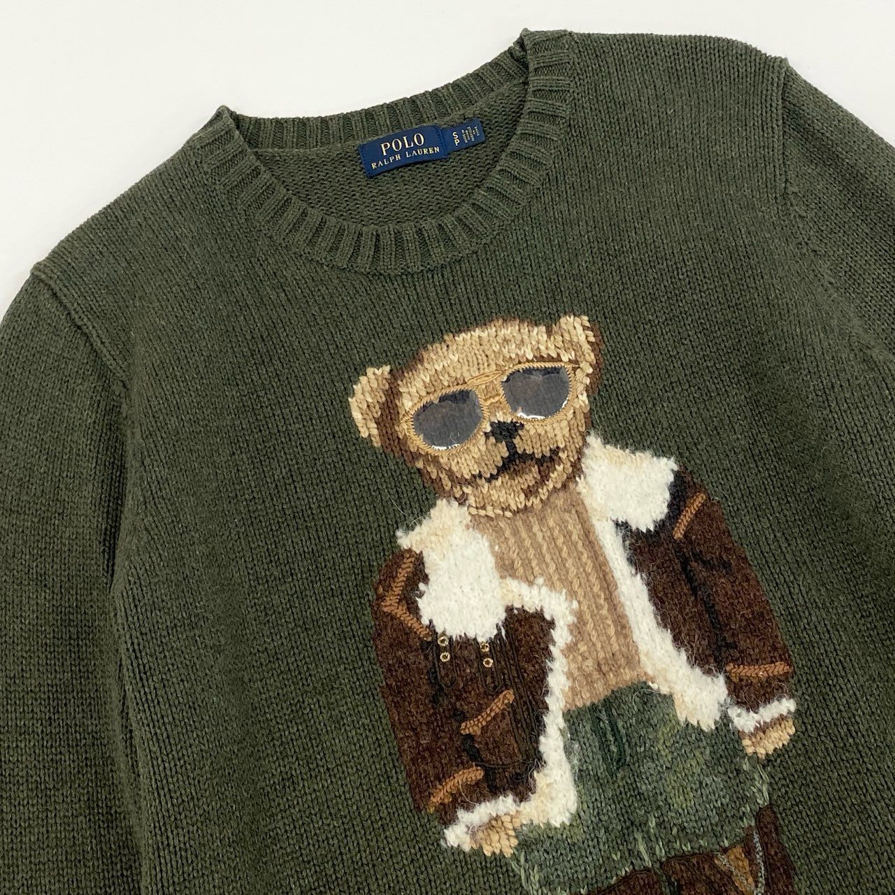 13f7 POLO RALPH LAUREN ポロラルフローレン POLO BEAR ポロベア クルーネック ニット セーター ロゴ刺繍 Sサイズ カーキ オリーブ コットン メンズ