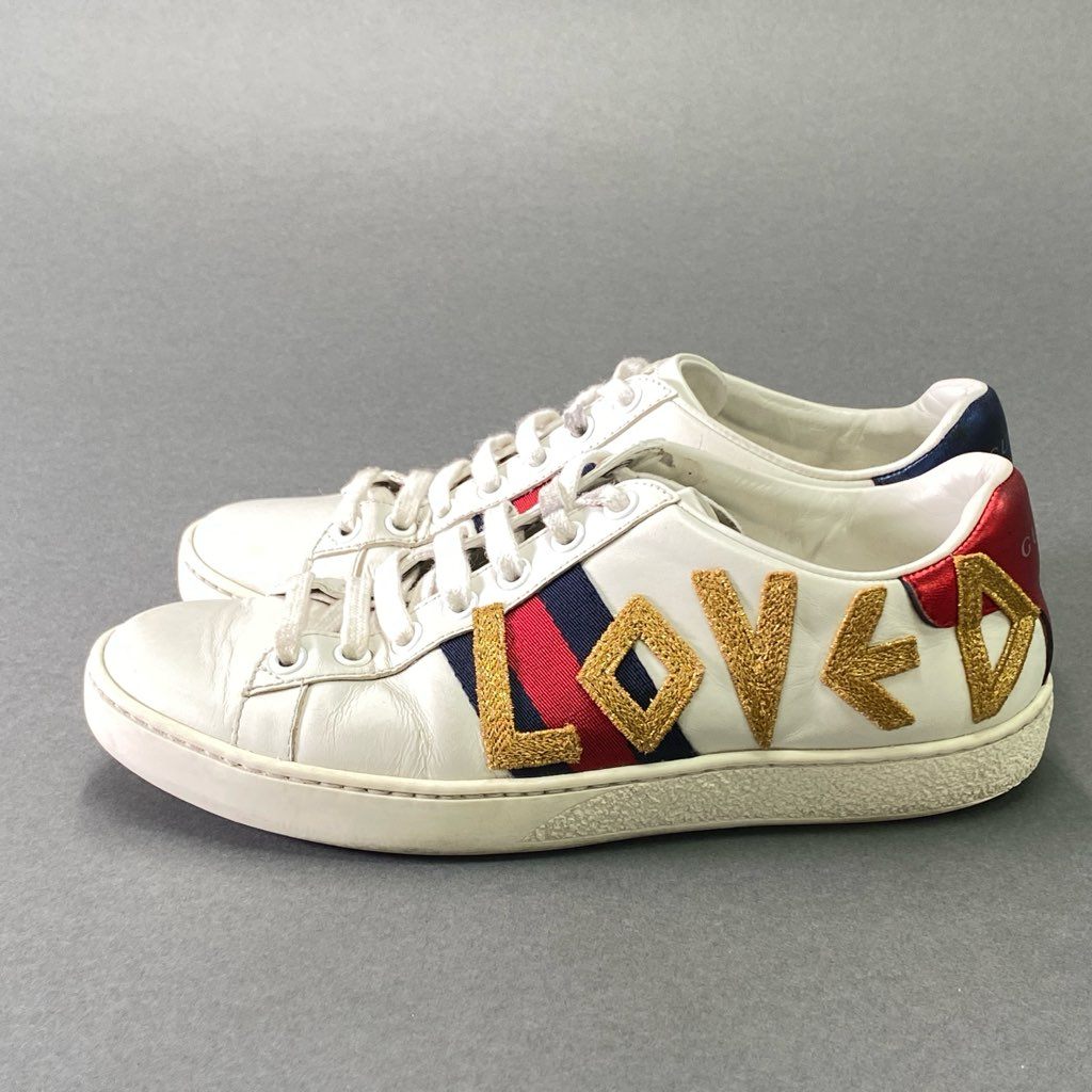 8e18 GUCCI グッチ エンブロイダリー LOVED スニーカー 34 1/2 ホワイト レザー シューズ イタリア製