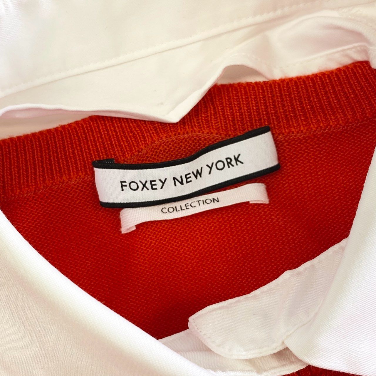 15j16 FOXEY NEY YORK フォクシーニューヨーク シュクレ 40022 白襟付き ニットカーディガン ボレロカーディガン サイズ38 オレンジ ホワイト テンセル100% レディース 日本製