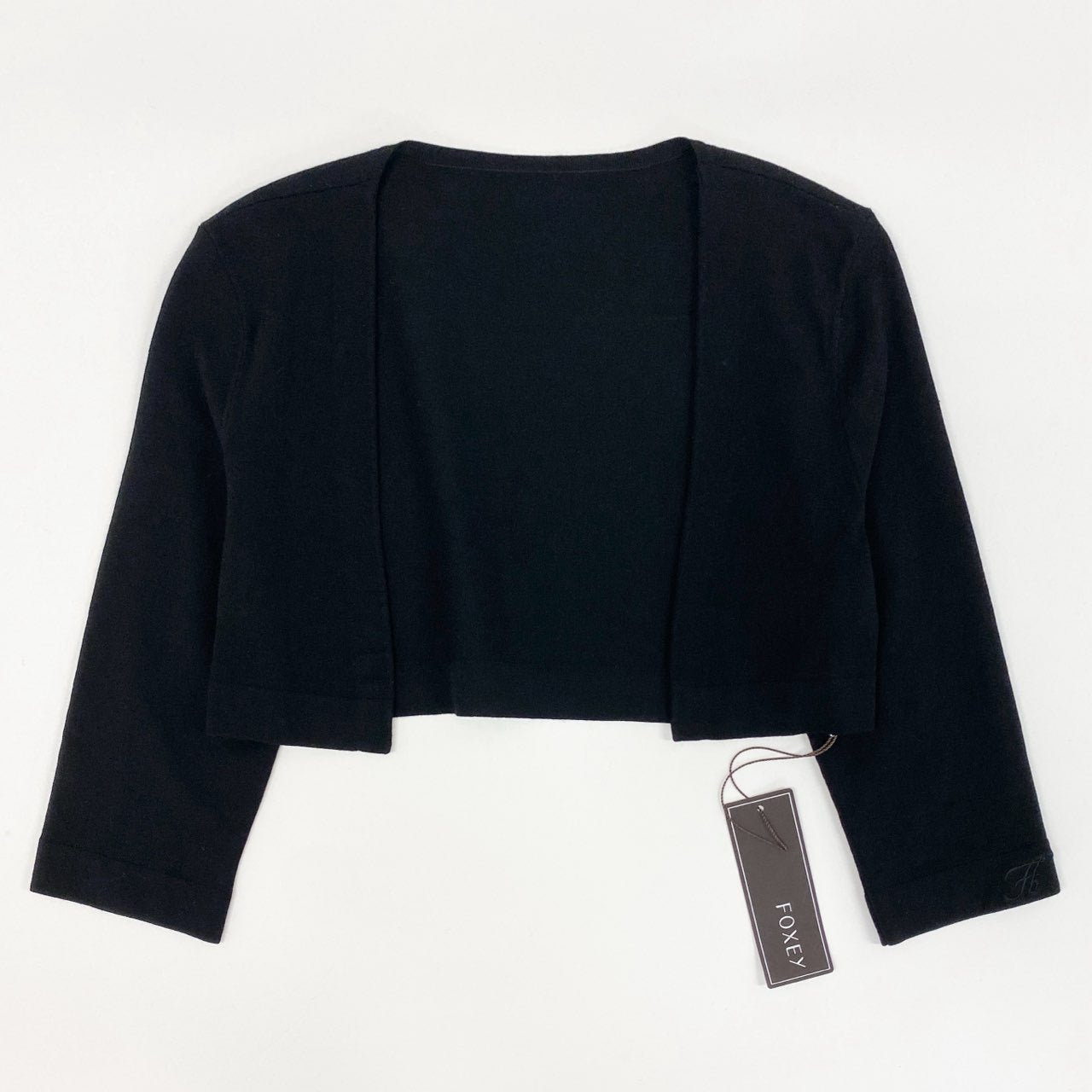 86f24 《極美品》 FOXEY フォクシー ニットカーディガン パーフェクトボレロ 五分袖 ロゴ刺繍 ショート丈 レディース タグ付き 28489 38 ブラック