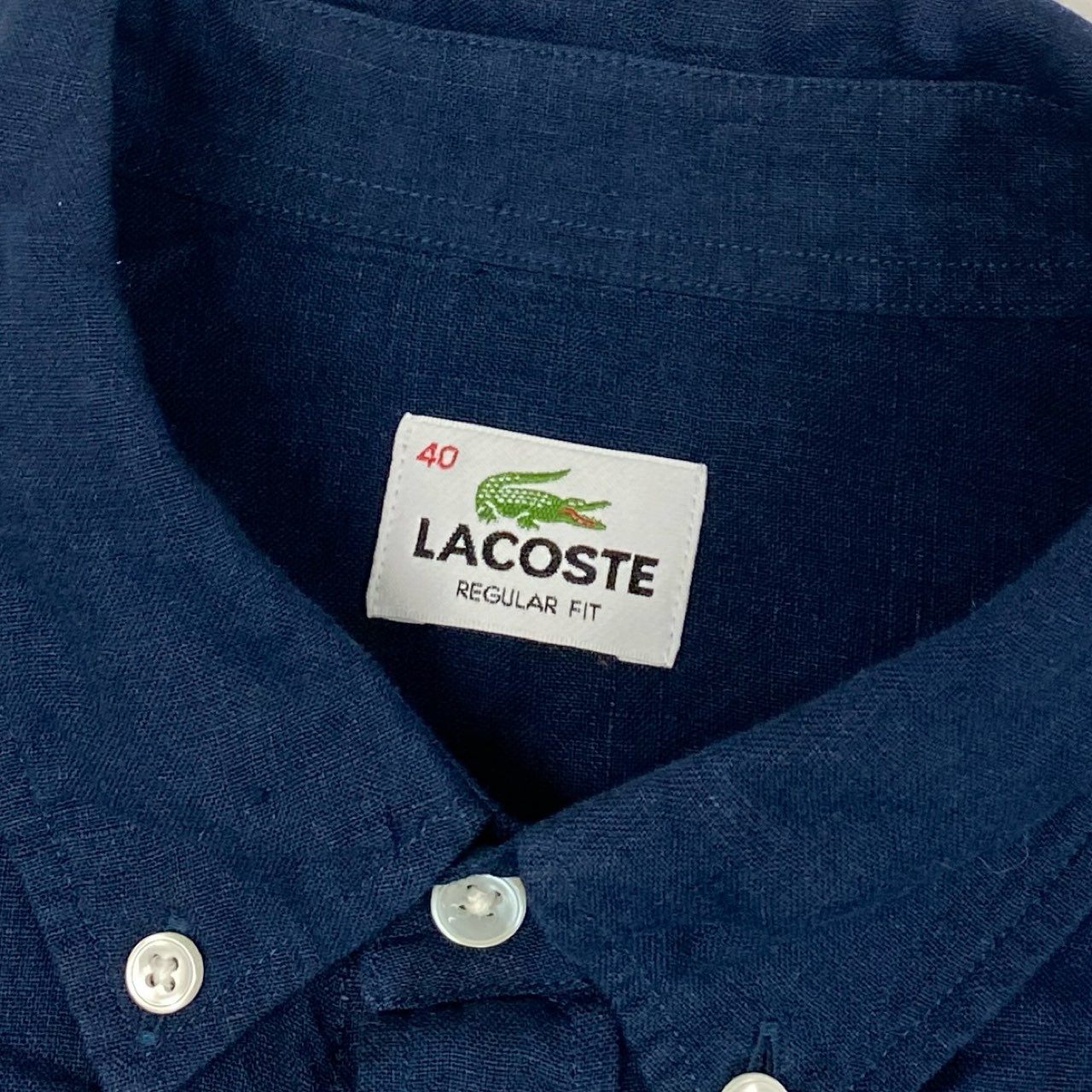 18f19 《未使用保管品》タグ付 LACOSTE ラコステ 総リネン ボタンダウン半袖シャツ ビジネス◎ カジュアル◎ CH8736 4 Lサイズ ネイビー 麻100%