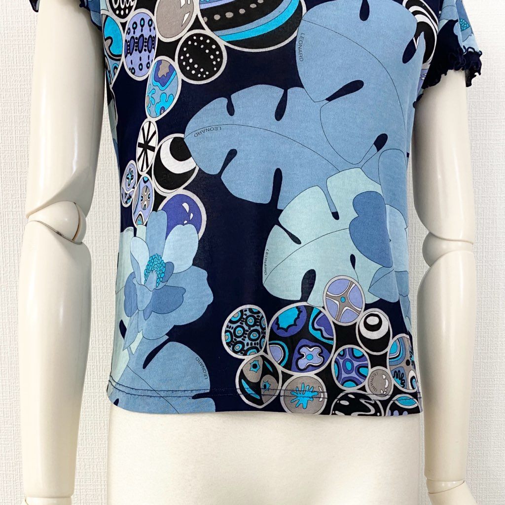 59e20 LEONARD SPORT レオナール スポーツ 半袖Tシャツ カットソー トップス 伸縮ストレッチ素材 サイズ38 ブルー マルチカラー コットン100% レディース 日本製