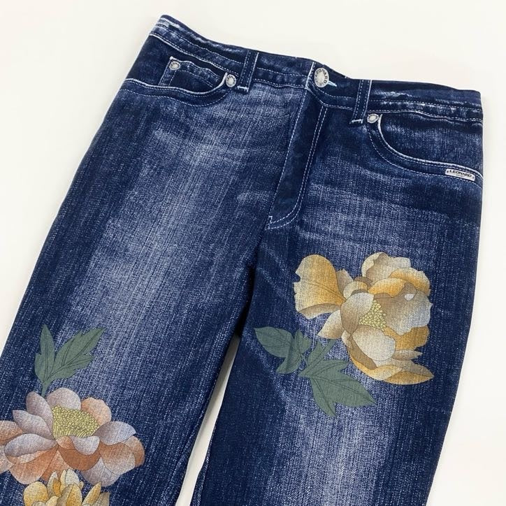 30g23 【美品】 LEONARD レオナール デニム柄 花柄プリント オールストレッチ イージーパンツ レディース 女性用 0563801 40 ネイビー