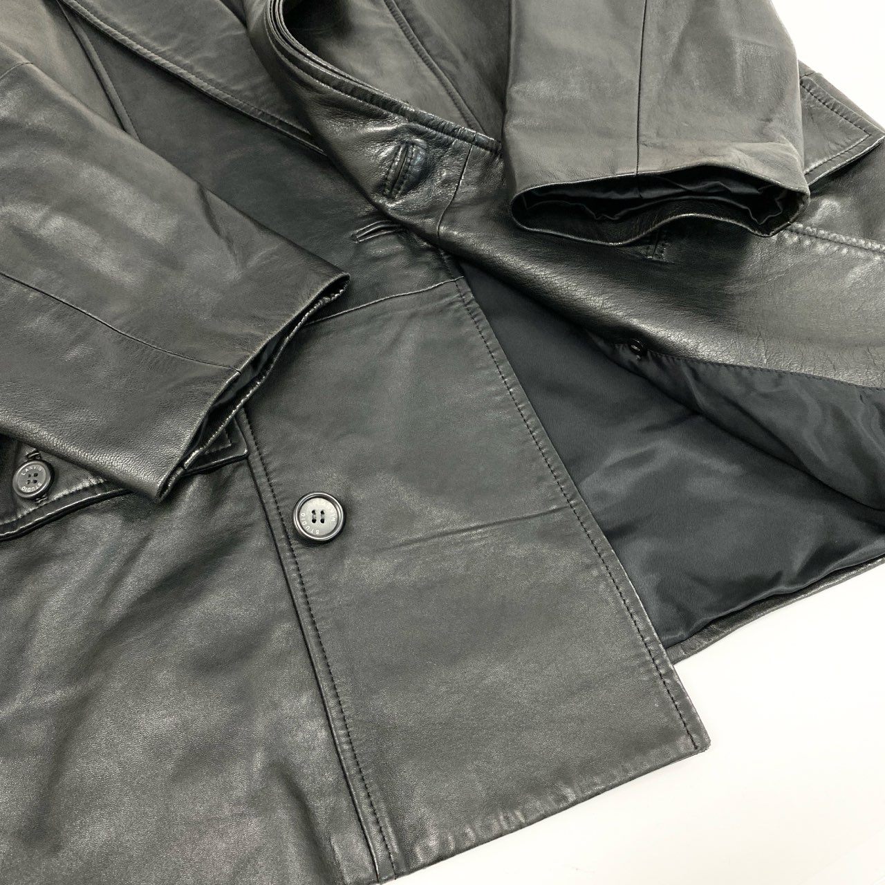 57h28 LANVIN ランバン ダブルプレスト ラムレザージャケット コート アウター 50 Lサイズ相当 ブラック 羊革 メンズo07t