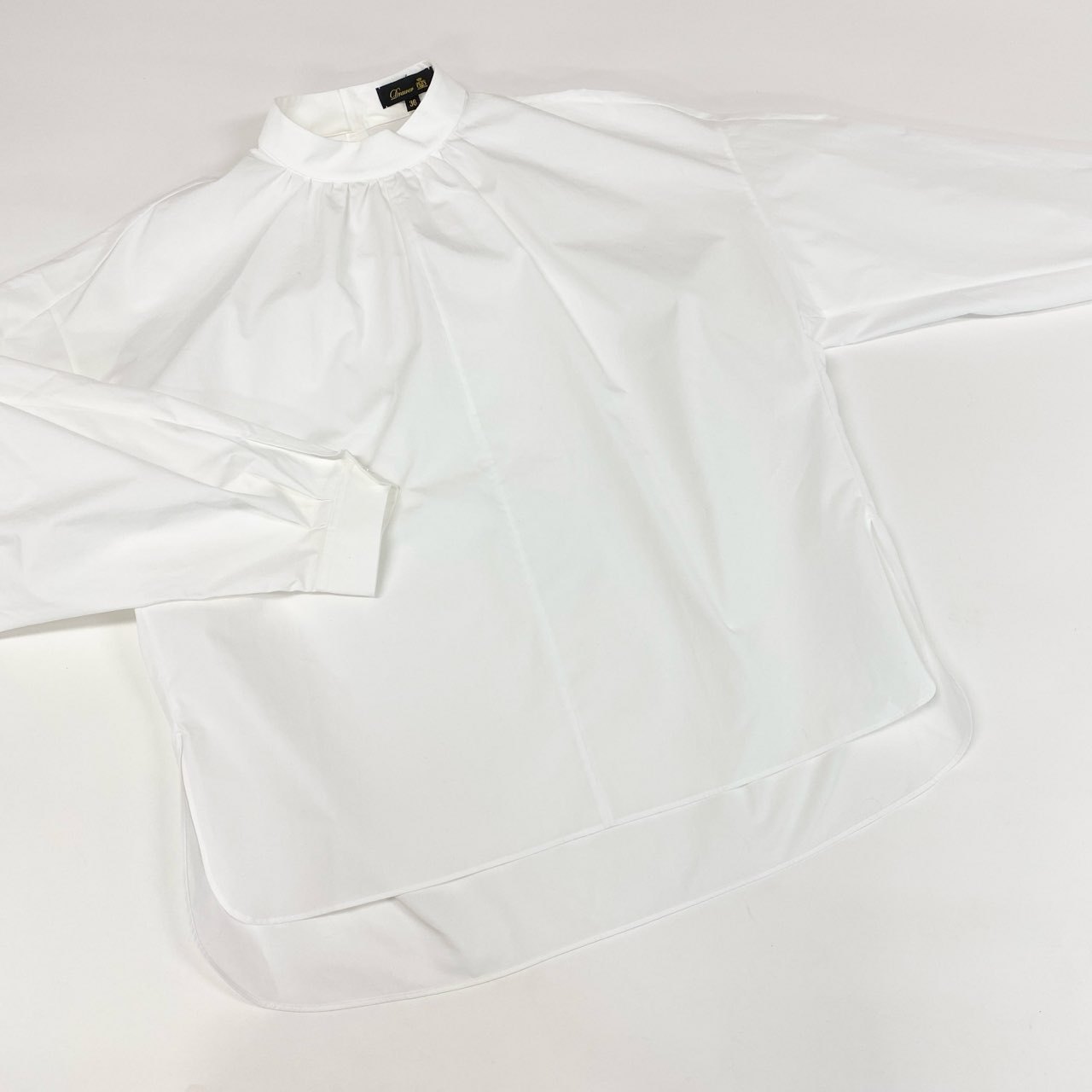 74c14 【美品】 Drawer ドゥロワー 長袖ブラウス 白シャツ チュニックシャツ ノーカラーシャツ 薄手シャツ バックボタン 6521-299-1111 36 ホワイト コットン