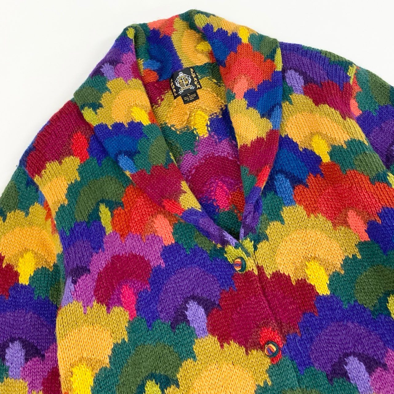 39d28 ROYAL ALPACA ロイヤルアルパカ ハンドニット ニットカーディガン ニットコート サイズL マルチカラー アルパカ100% ペルー製 レディース