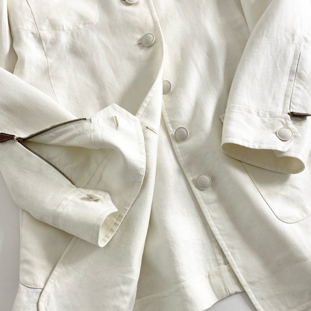 53e1 HERMES エルメス リネン ノーカラージャケット 42 アイボリー 麻100% ブレザー フランス製 LINEN JACKET