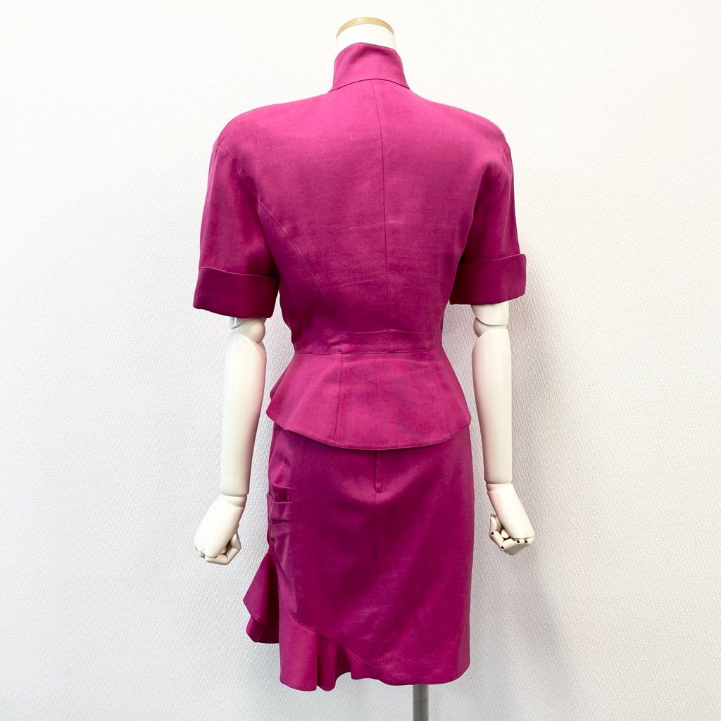 63d8-6 Thierry mugler ティエリー ミューグレー 半袖ジャケット/スカート スーツ セットアップ 変形デザイン サイズ7AR/60-88 ピンク レーヨン リネン レディース 日本製