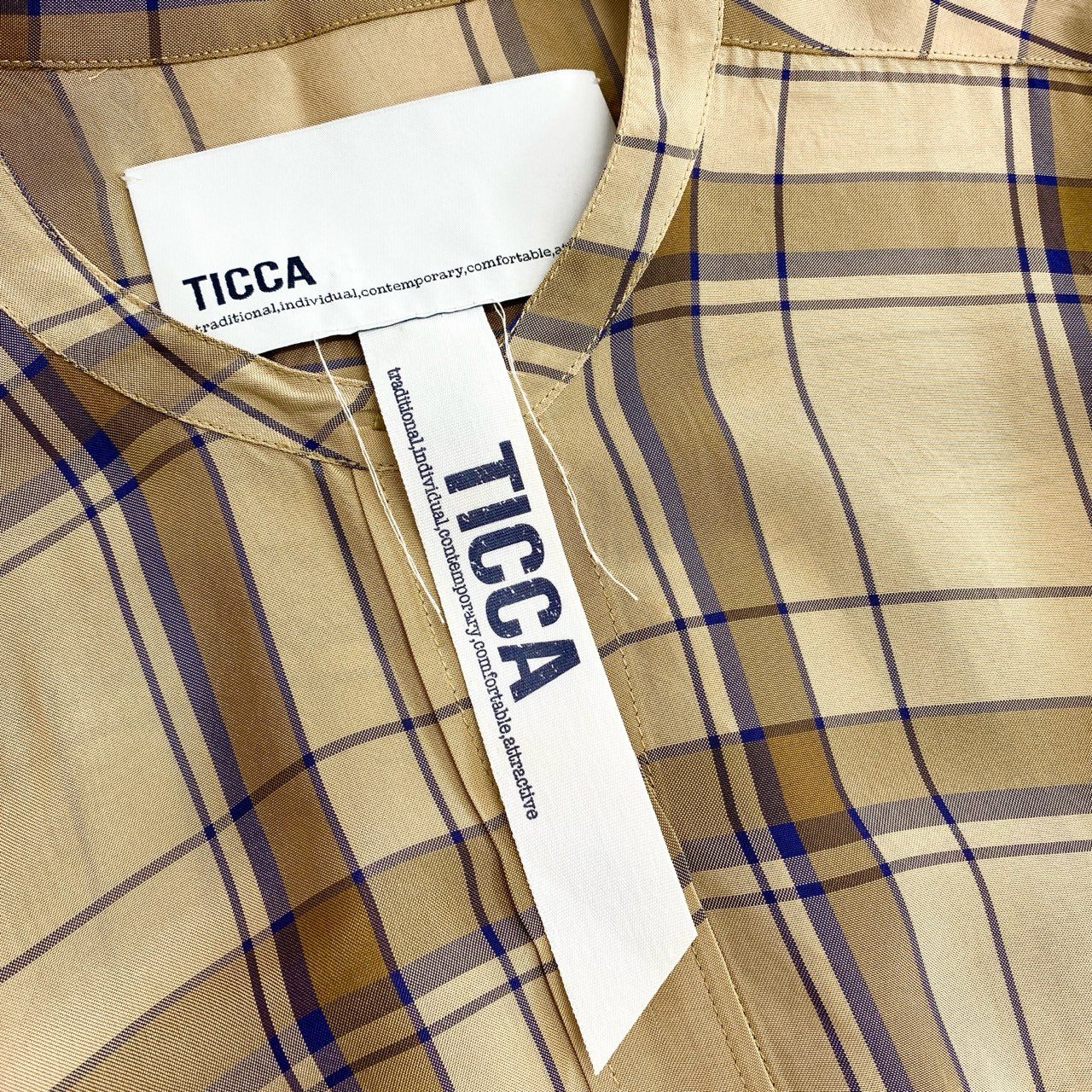 51f16 TICCA ティッカ ノーカラー レーヨンシャツワンピース ロングシャツ 落ち感トロみ素材 サイズF ベージュ系 レーヨン100% レディース