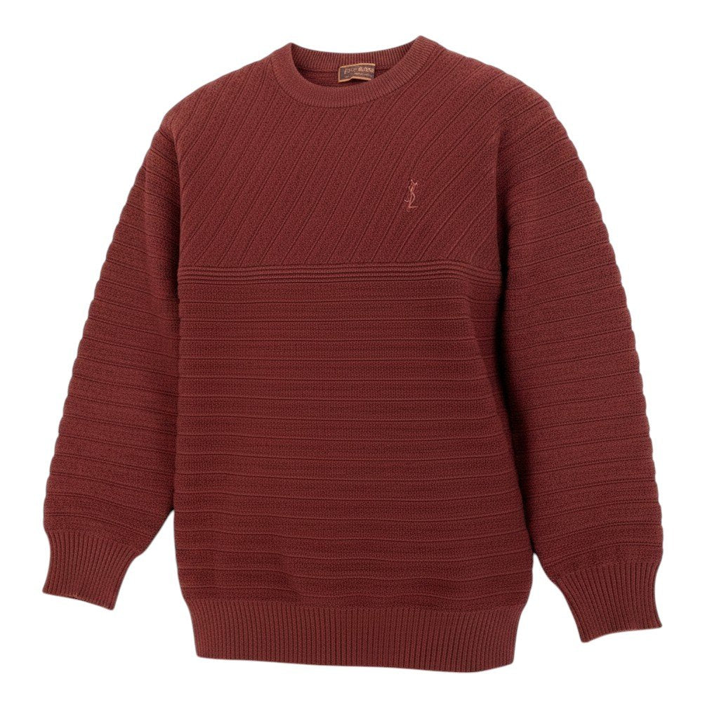 60f2 YVES SAINT LAURENT イヴサンローラン ロゴ刺繡 クルーネック ニットセーター サイズL ボルドー ウール100％ メンズ 紳士服o07t 60f2 YVES SAINT LAURENT イヴサンローラン YSLロゴ刺繡 クルーネック