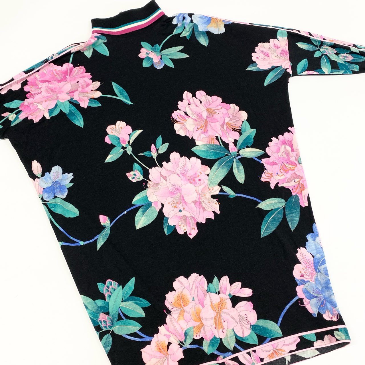 58f20 LEONARD PARIS レオナール 花柄プリント ハイネック長袖ワンピース バックジップ ロングスリーブ ドレス イタリア製 36 ブラック ウール ナイロン レディース