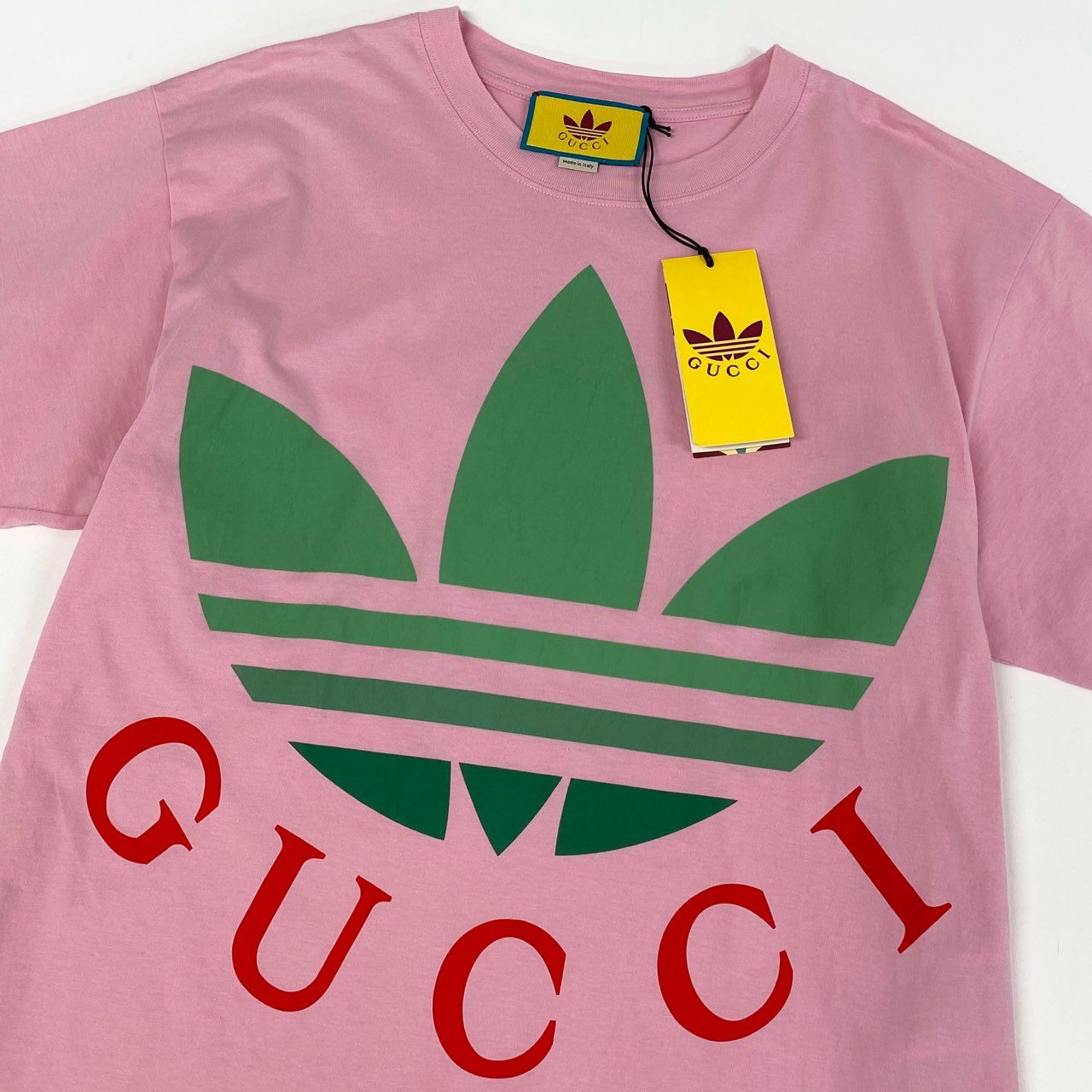 4i12 GUCCI グッチ × adidas アディダス トレフォイル プリントTシャツ 723384 M ピンク カットソー 箱 タグ付属k02i