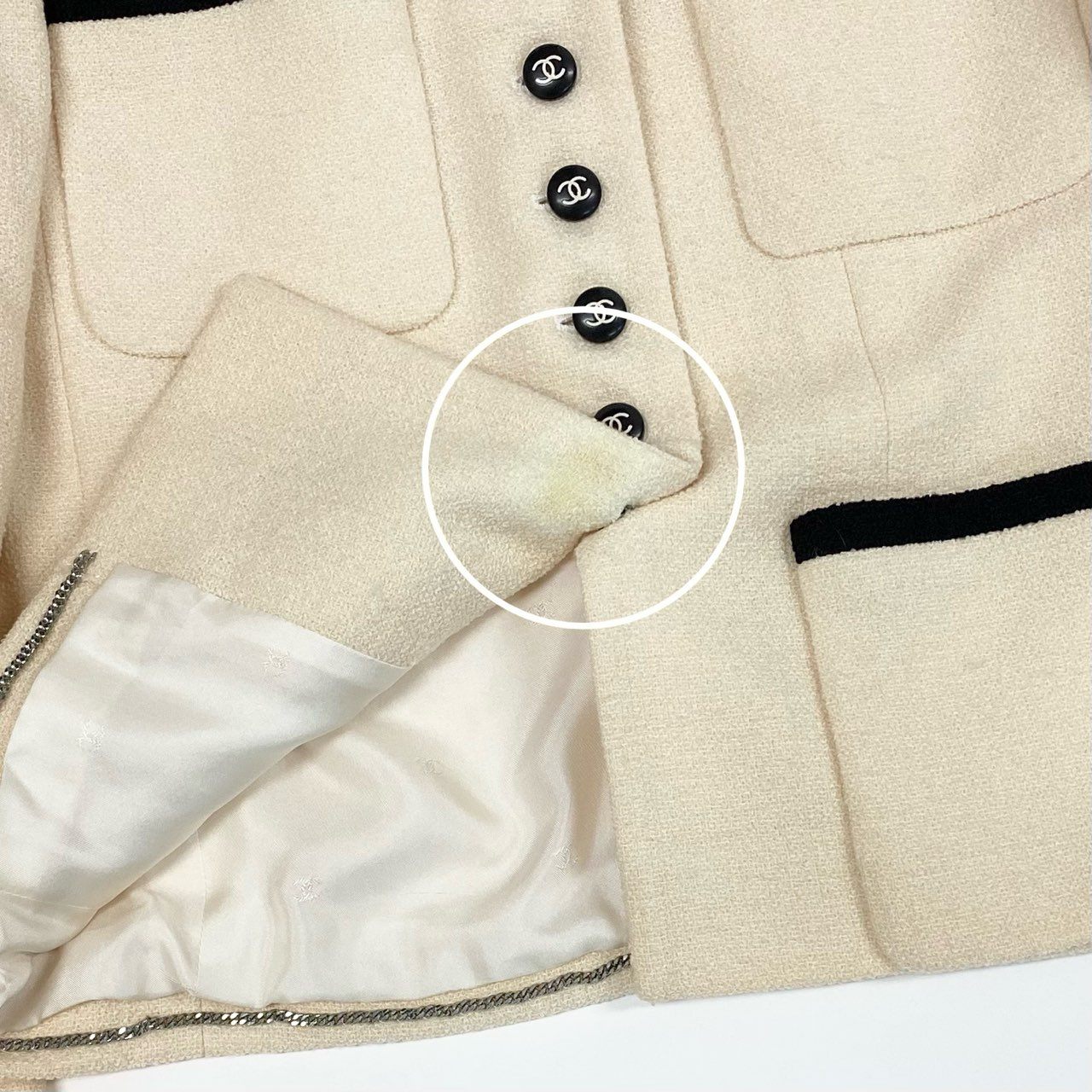 10f20 Vintage CHANEL シャネル 1996 ツイードジャケット テーラージャケット バイカラー ココマークボタン 42 アイボリー ブラック レディースta1