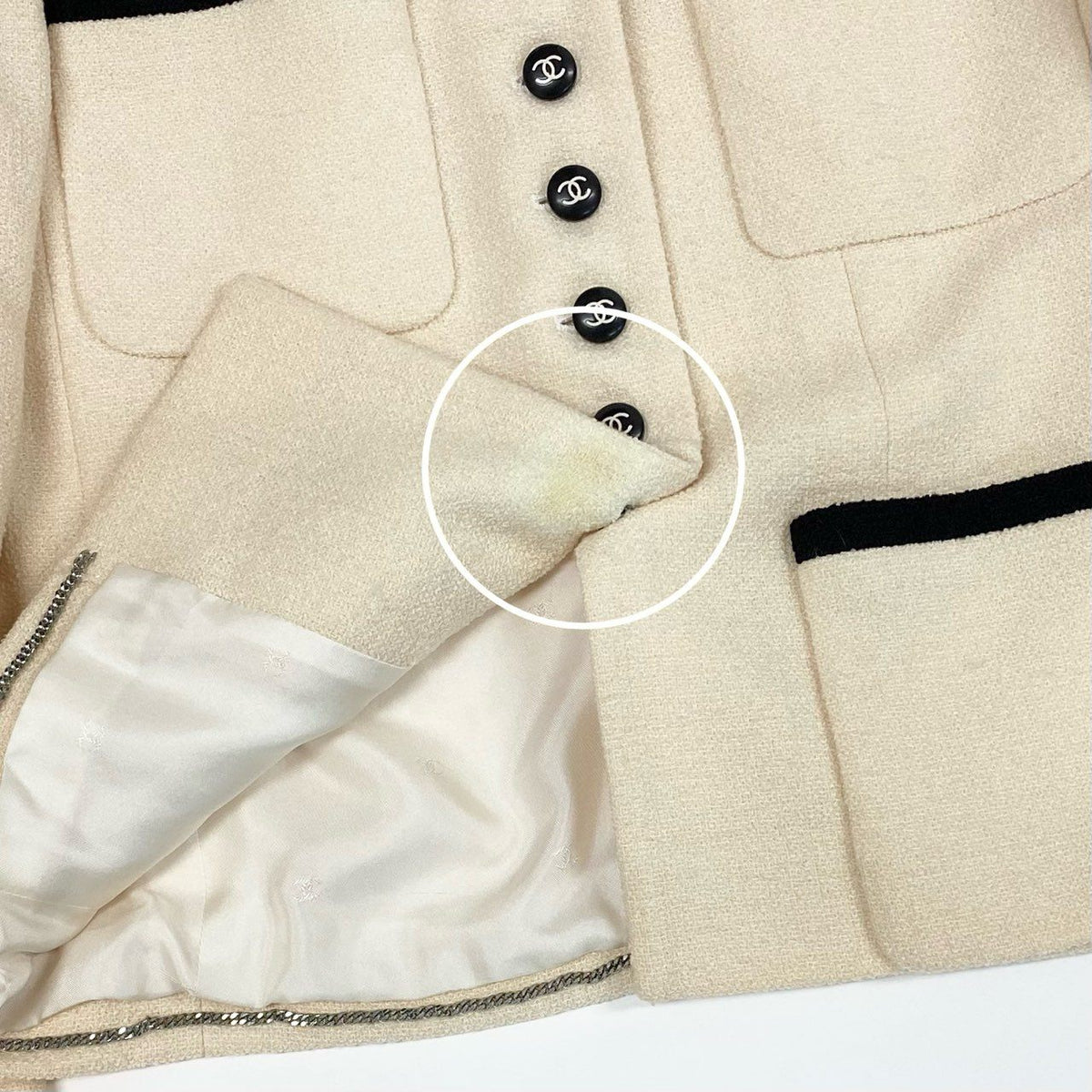 10f20 Vintage CHANEL シャネル 1996 ツイードジャケット テーラージャケット バイカラー ココマークボタン 42 アイボリー ブラック レディースta1ta1