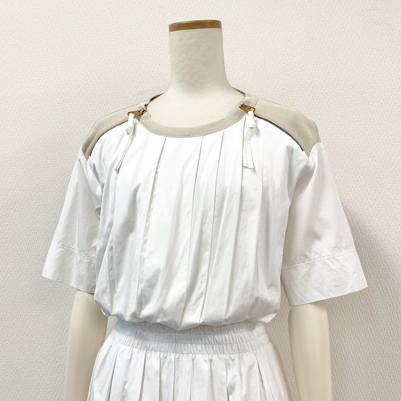 19g28 AGNONA アニオナ イタリア製 ニット切替 半袖シャツワンピース ドレス ロング丈 36 ホワイト ベージュ レディース