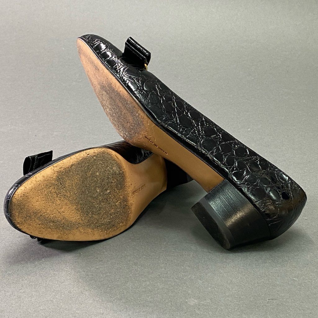3e10 《美品》 Salvatore Ferragamo サルヴァトーレ フェラガモ VARA ヴァラリボン クロコ パンプス 7 ブラック レザー シューズ 革靴 箱付き