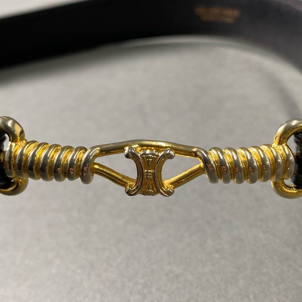 6f23 CELINE セリーヌ ダブルトリオンフ レザーベルト 60 ブラック Leather Belt イタリア製 ゴールド金具