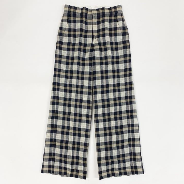 64g24【美品】 Drawer ドゥロワー ギンガムチェックパンツ スラックスパンツ ワイドパンツ リネン混紡 レディース 女性用 6514-236-0873 ブラック系_