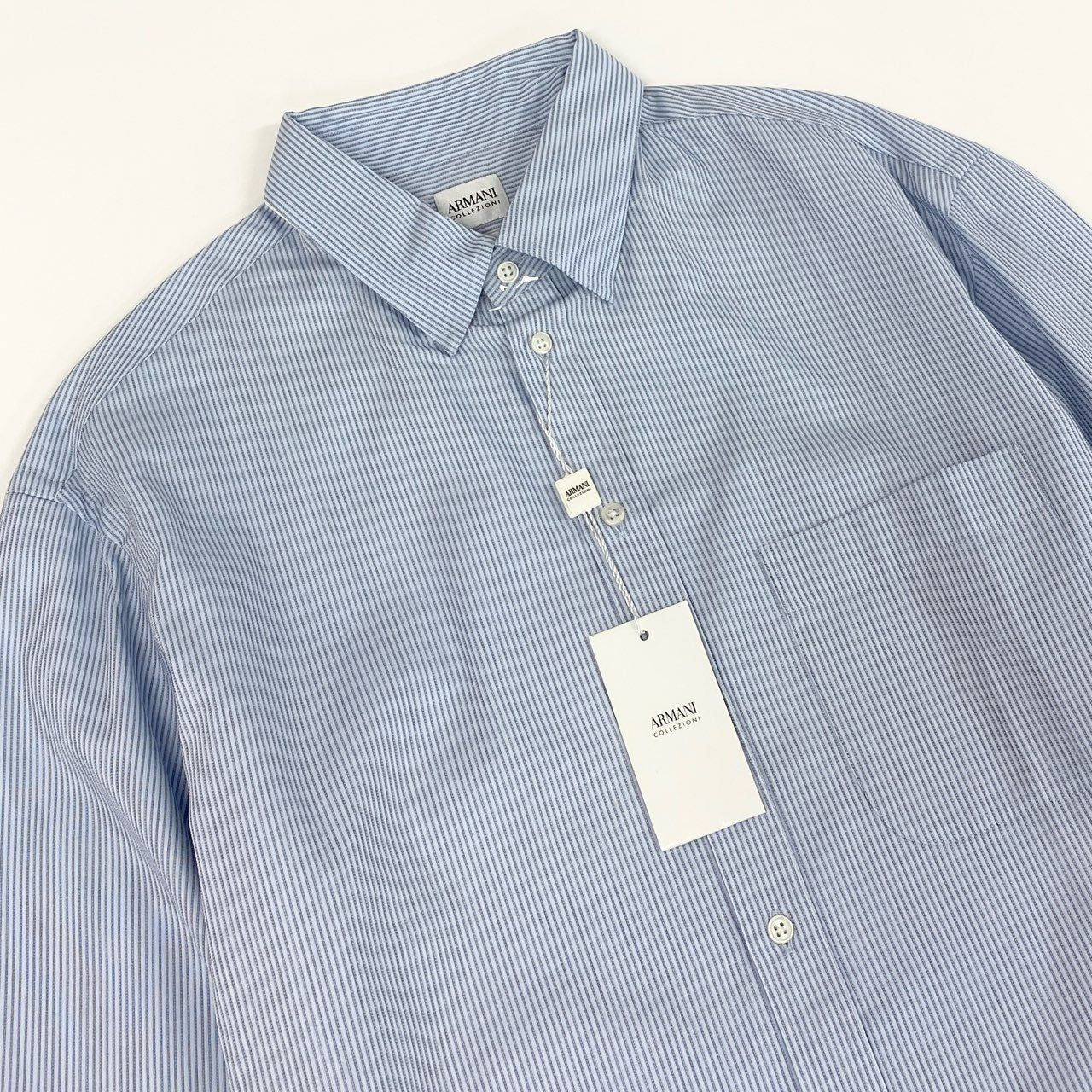 21f17 《未使用保管品》タグ付 ARMANI COLLEZIONI アルマーニコレッツォーニ 長袖シャツ ドレスシャツ ビジネス◎ MODERN FIT 大きいサイズ 42 16 1/2 XLサイズ相当 ホワイト ブルー コットン