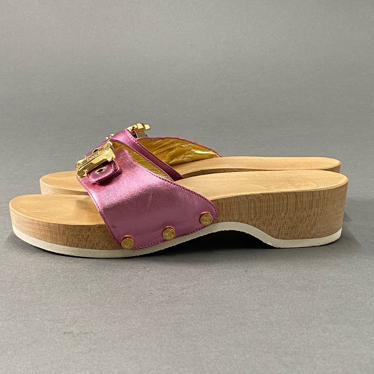 3f17 CELINE セリーヌ × Dr Scholl ドクターショール コラボ マカダム ゴールドバックル ウッドソールサンダル 37 ピンク レザー シューズ