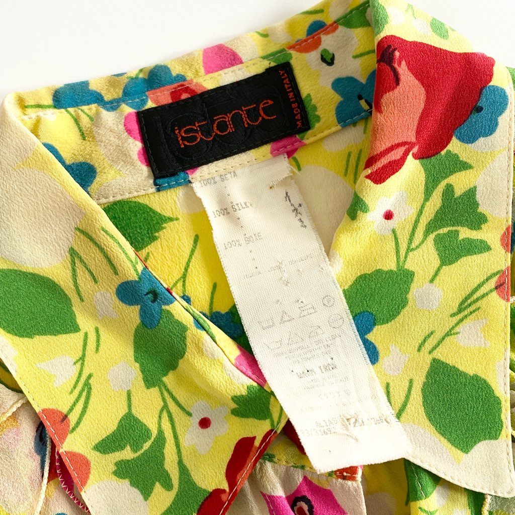 32d5 istante イスタンテ VERSACE ヴェルサーチ フラワープリント シルクフリルシャツ イエロー SILK100% イタリア製 ノースリーブ レトロ ビンテージ