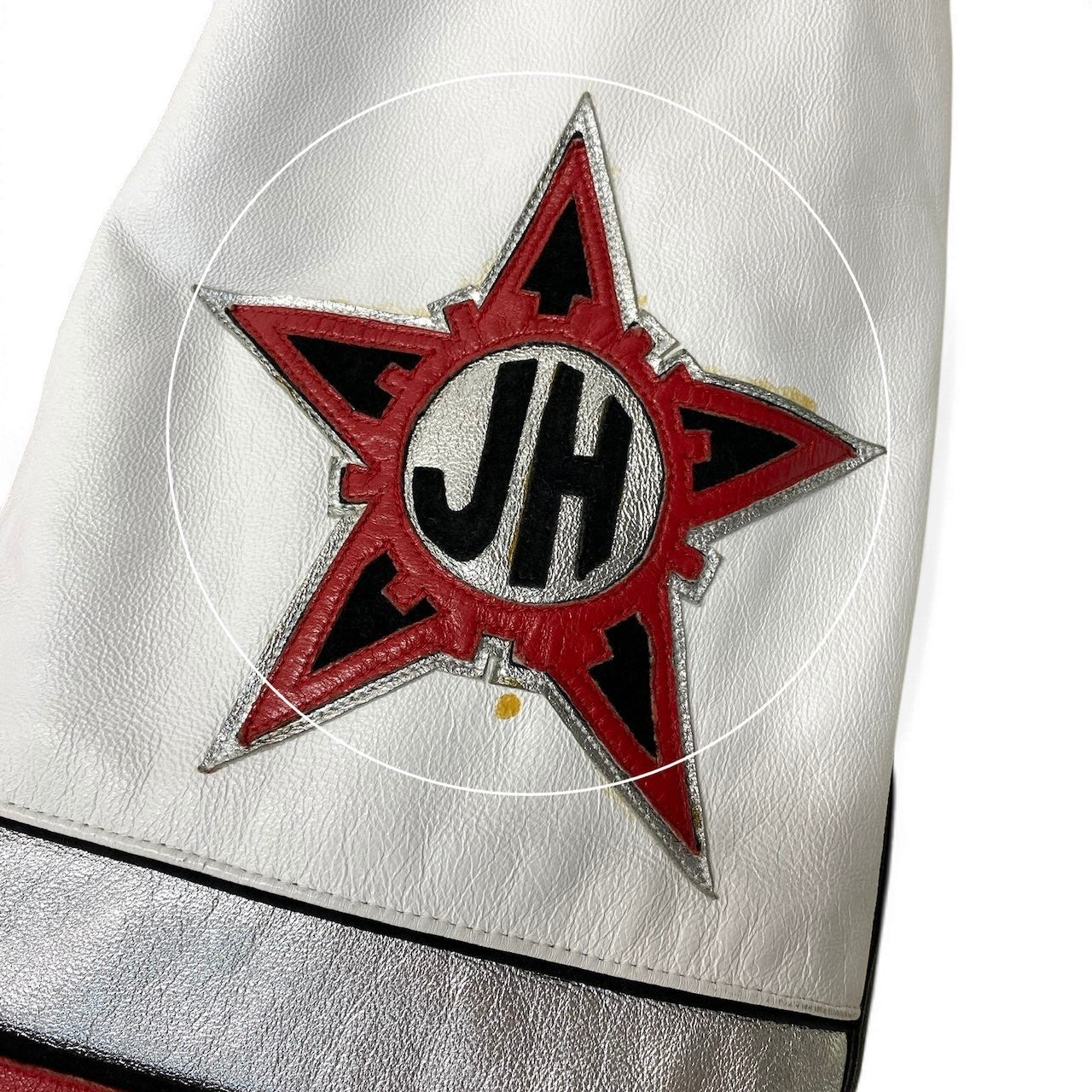 19g1 JEFF HAMILTON ジェフハミルトン NBA Chicago Bulls シカゴブルズ 3ピート記念 レザージャケット スタジャン 革ジャン USA製 Sサイズ レッド ホワイト レザー メンズ 男性用u02t