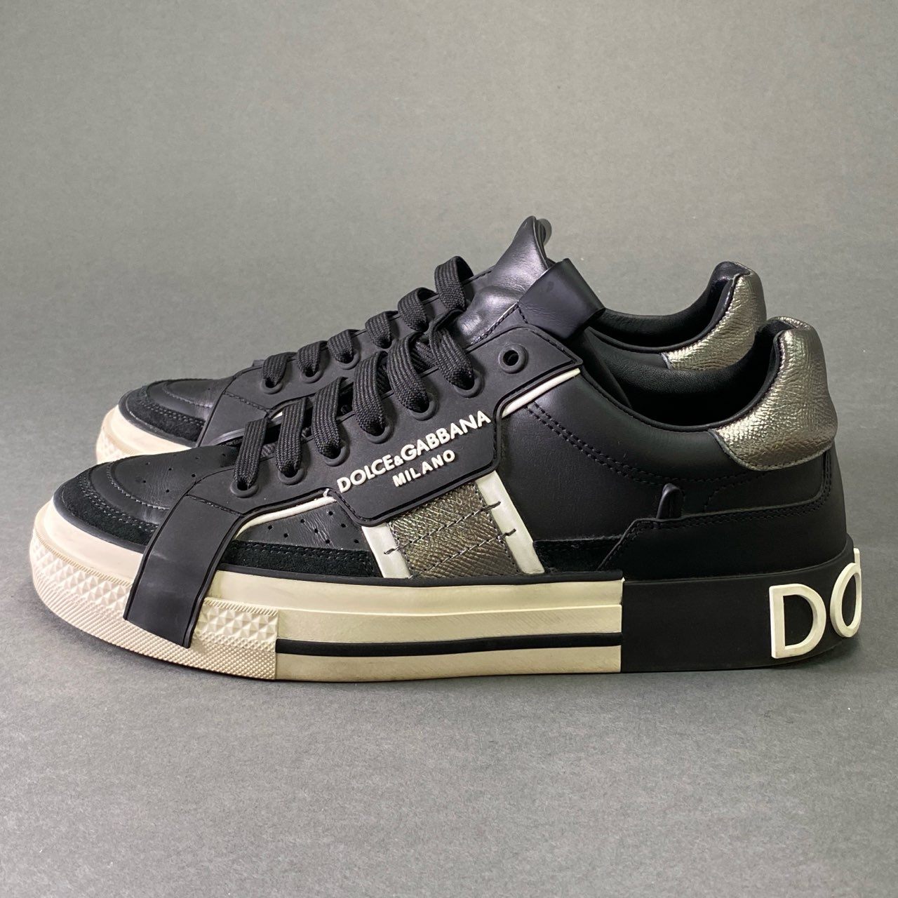 4e2 【イタリア製】DOLCE&GABBANA ドルチェ&ガッバーナ レザースニーカー ローカットスニーカー サイズ7 ブラック レザー メンズ 男性用 靴