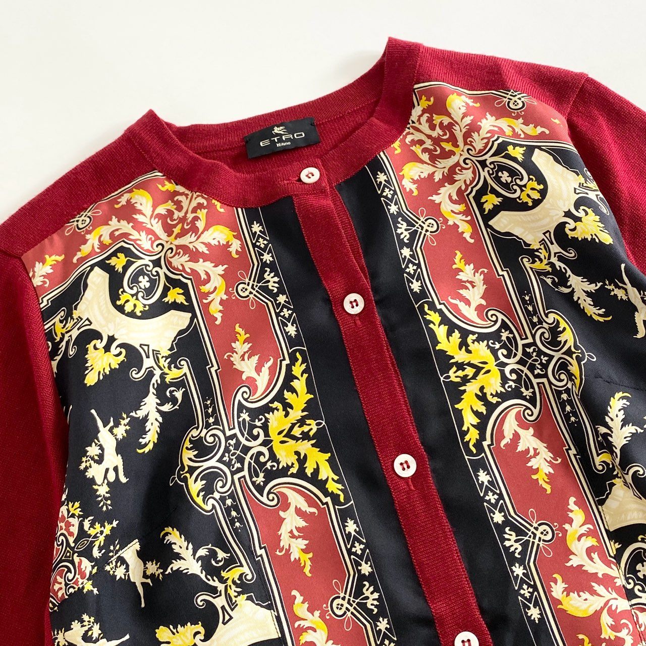 10h30 《美品》 イタリア製 ETRO エトロ シルク100% シルクプリント切替 ウールニット カーディガン サイズ44 レッド レディース 婦人服