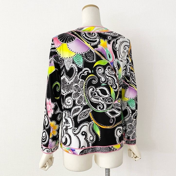 55i26 《美品》 LEONARD レオナール カンカン素地 薄手ノーカラージャケット カーディガン 羽織り 美しいプリント 0159518 サイズL マルチカラー レディース 日本製