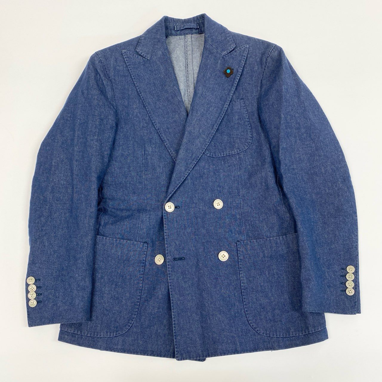 7i25 《美品》LARDINI ラルディーニ テーラードジャケット ダブルブレスブレザー ピークドラペル サイドベンツ 42サイズ インディゴ メンズk02i